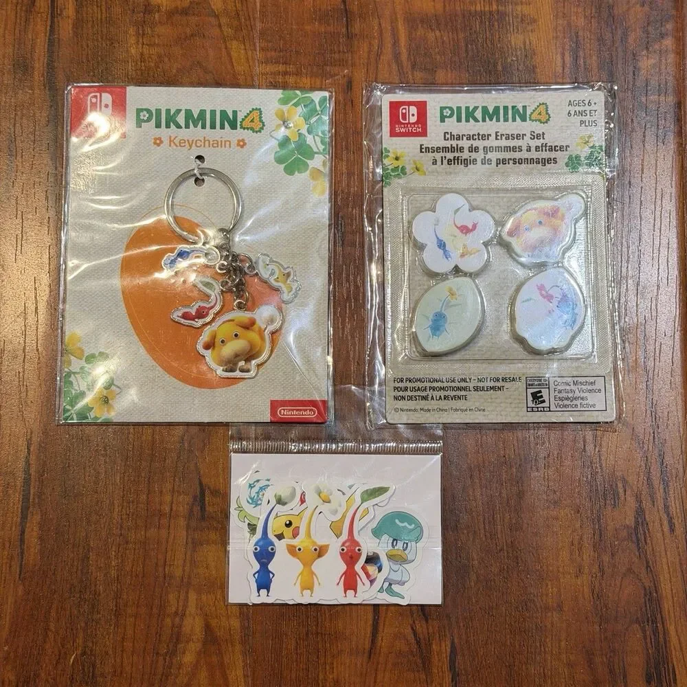 3 x Pikmin 4 Nintendo Switch Promo Keychain, Erasers & Stickers - New & Sealed!